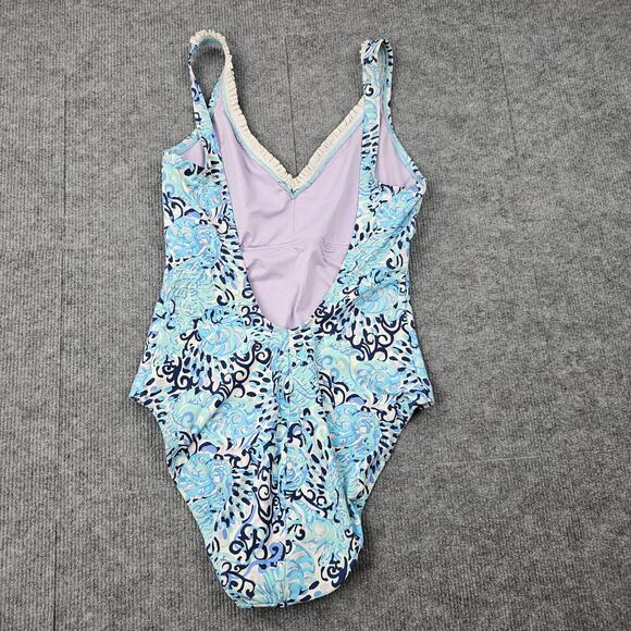 Lilly Pulitzer Araza Swimsuit Womens 10 Blue One Piece Ruffle Trim Ruched Floral - Picture 5 of 7